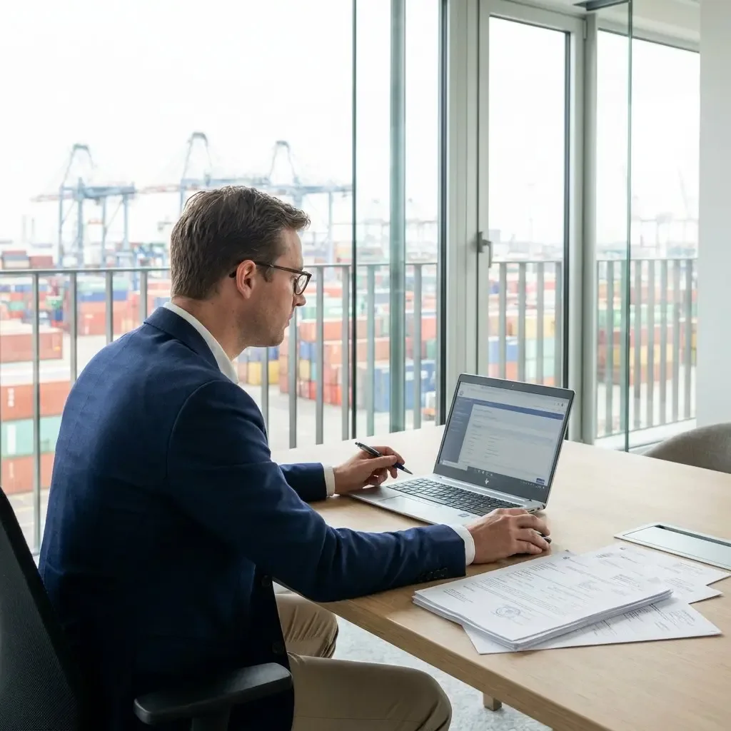 Customs broker working on a laptop with paperwork in an office overlooking a container port.